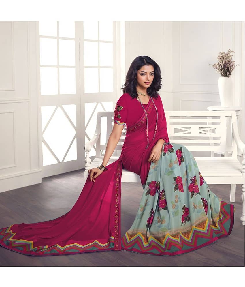 BLEESBURY Georgette Printed Saree With Unstitched Blouse Piece ( Navy Blue ) view 2