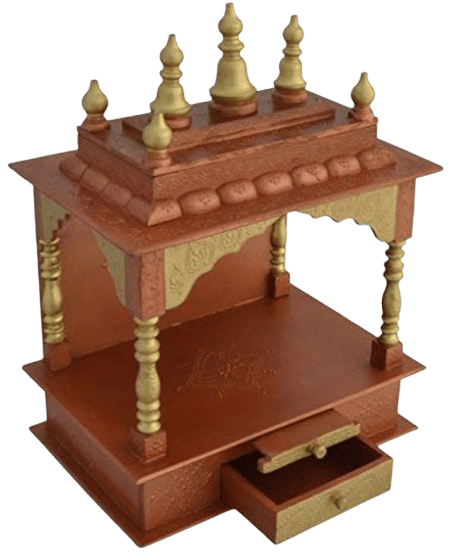 Traditional Wooden Pooja Mandir with Drawer and Golden Detailing view 2