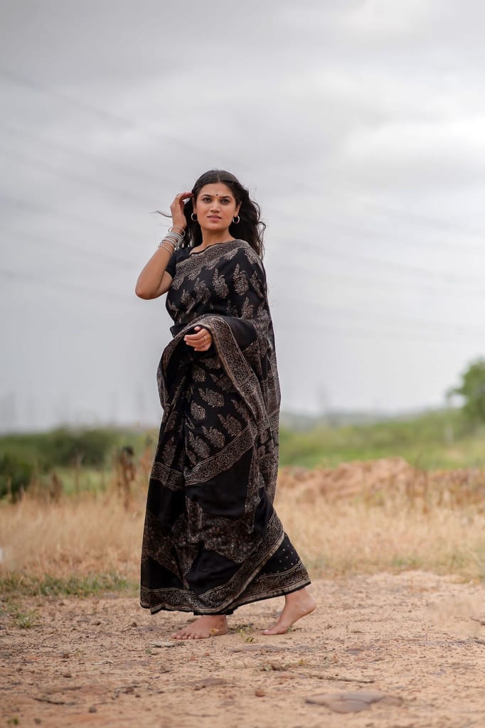 Jharokha -Black Mughal boota floral silk cotton Ajrakh handblockprinted saree view 2