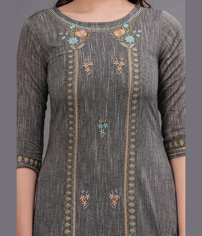 MAUKA Pack of 1 Cotton Embroidered A-line Women's Kurti - ( Grey ) view 2