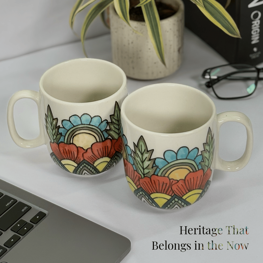 Heritales Utsav Multicolor Ceramic Mug for Coffee, Milk & Tea Lovers – 350 ML | Handcrafted in India | Vegan, Bone China-Free | Microwave, Dishwasher & Freezer Safe | Premium Artisanal Mug– Set of 2