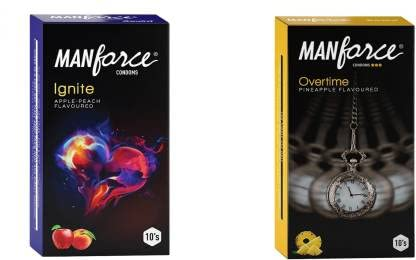 MANFORCE Ignite Apple-peach Flavoured Extra Dotted Box Condoms - 10 Pieces & Overtime Pineapple 3in1 (Ribbed Contour Dotted) Condoms - 10 Pieces Condom (Set of 2 20 Sheets)