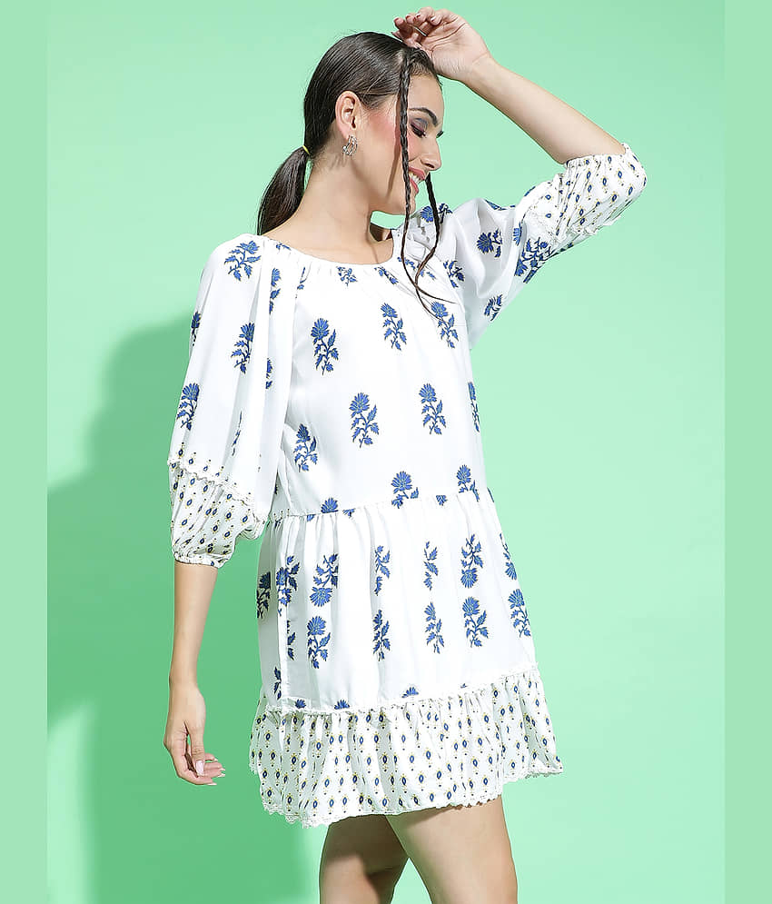 Oxolloxo Women Viscose Rayon Printed A-line Dress ( White ) view 2