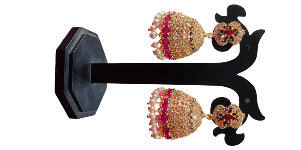Gold Plated Ruby and Pearl Jhumka Earrings view 2