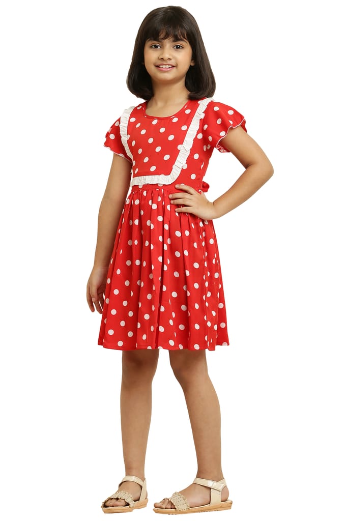 Tripti Enterprises Girls ethnic Printed Frock-Red Dot with Lining & Frill. view 2