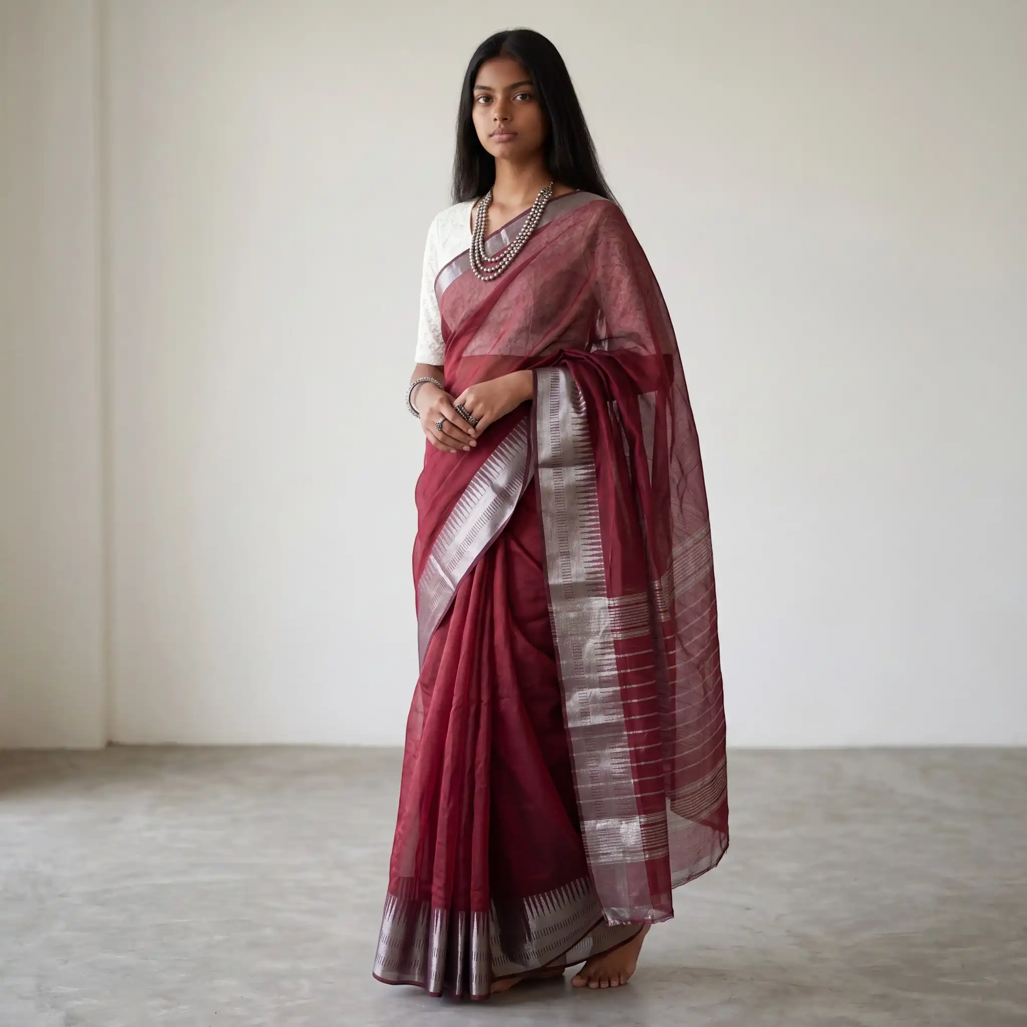 Mangalgiri Wine Red Silk Cotton Saree Temple Zari Border view 2
