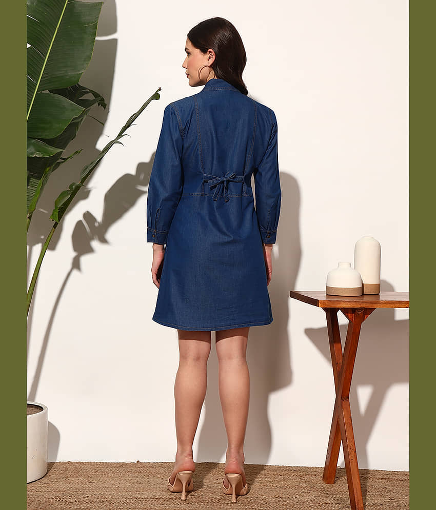 Addyvero Women Denim Solid A-line Dress ( Light Blue ) view 2