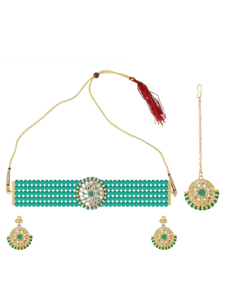 Cardinal Green Color Onyx Multistring Brass Gold Plated Necklace Set & Maang Tika view 2
