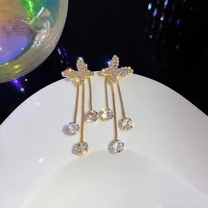 Elegant Gold-Tone Butterfly Dangle Earrings with Sparkling Crystal Drops