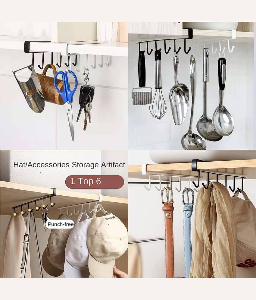 Under Cabinet Hanging Storage Rack with 6 Hooks for Kitchen Utensils, Mugs, Cups, Cutlery & Tools | Multipurpose Under Shelf Organizer for Wardrobe, Entryway, Bar Counter & Office | Space Saving Metal Hook Holder for Smart Home Organization & Easy Access view 2