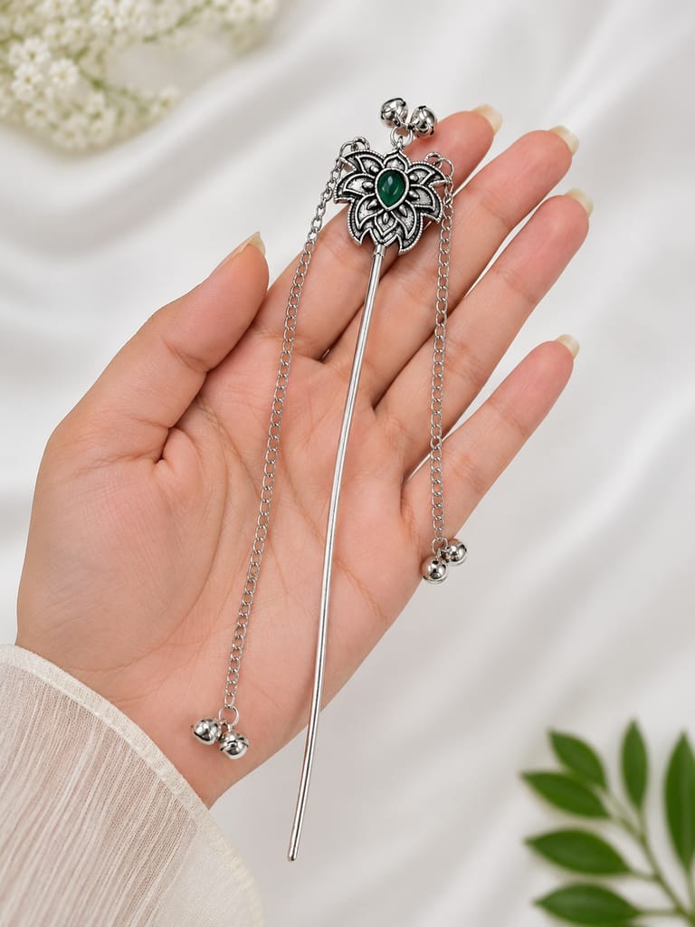 Handmade Oxidised Silver Floral Juda Stick with Green Stone & Long Chain Tasse view 2