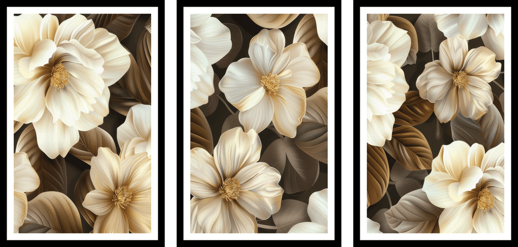 SET OF 3 SEPIA FLOWERS PAINTINGS 48in X 24in WITH BLACK FRAME view 2