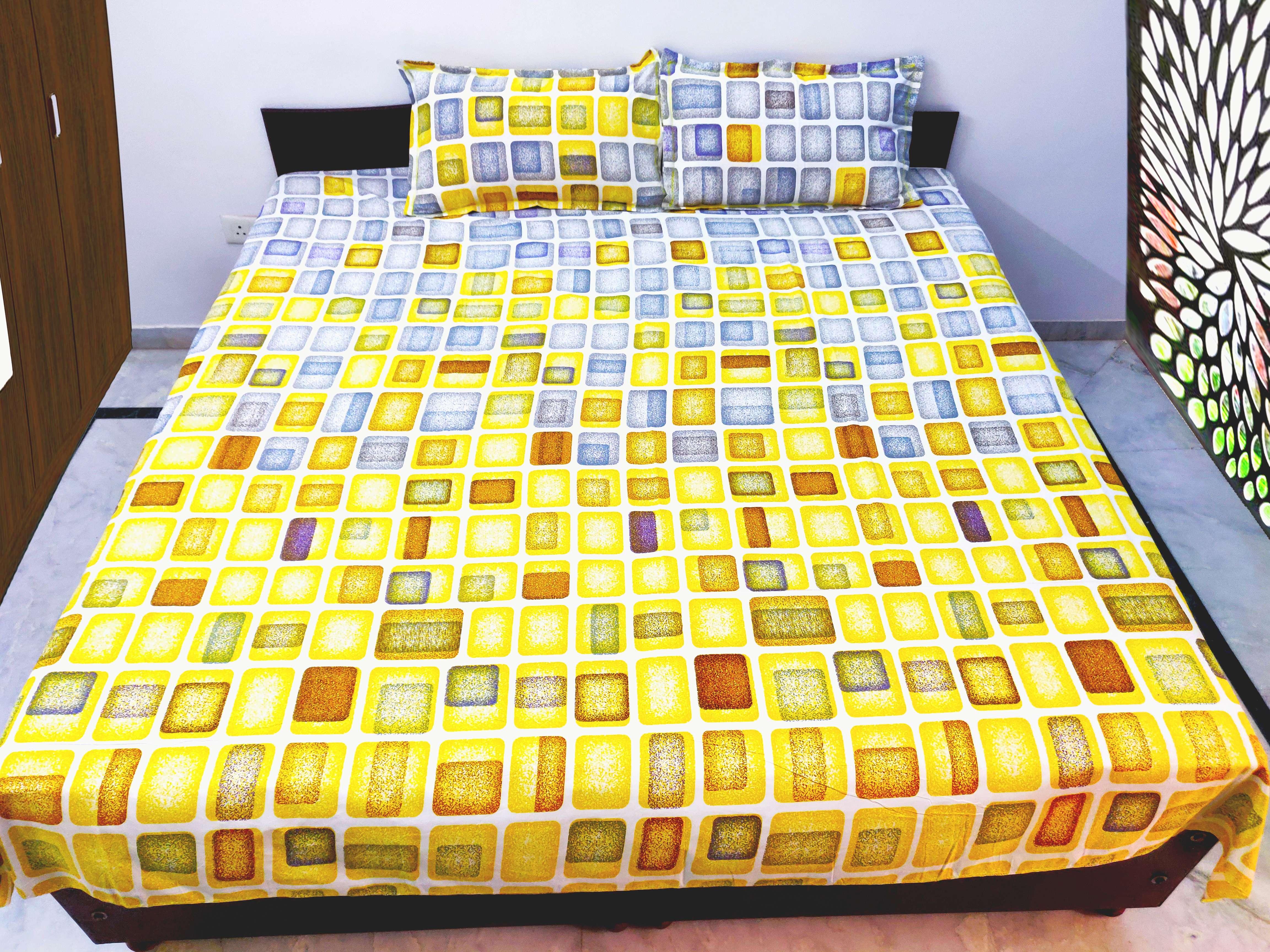 100% Cotton Satin 250 TC Printed Multicolor Double Bedsheet with 2 Pillow Covers – Yellow - 90 X 100 Inches (7.5 x 8.3 Feet) by Omkar by R3 Inc. view 2