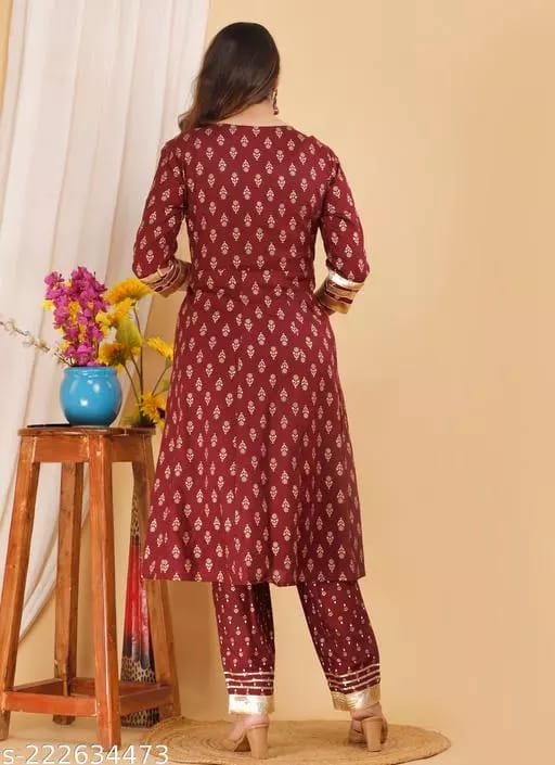 Women Cotton Rayon Printed Anarkali Kurti With Heavy Gota Work Design Along With Pant And Dupatta With Lace Border view 2
