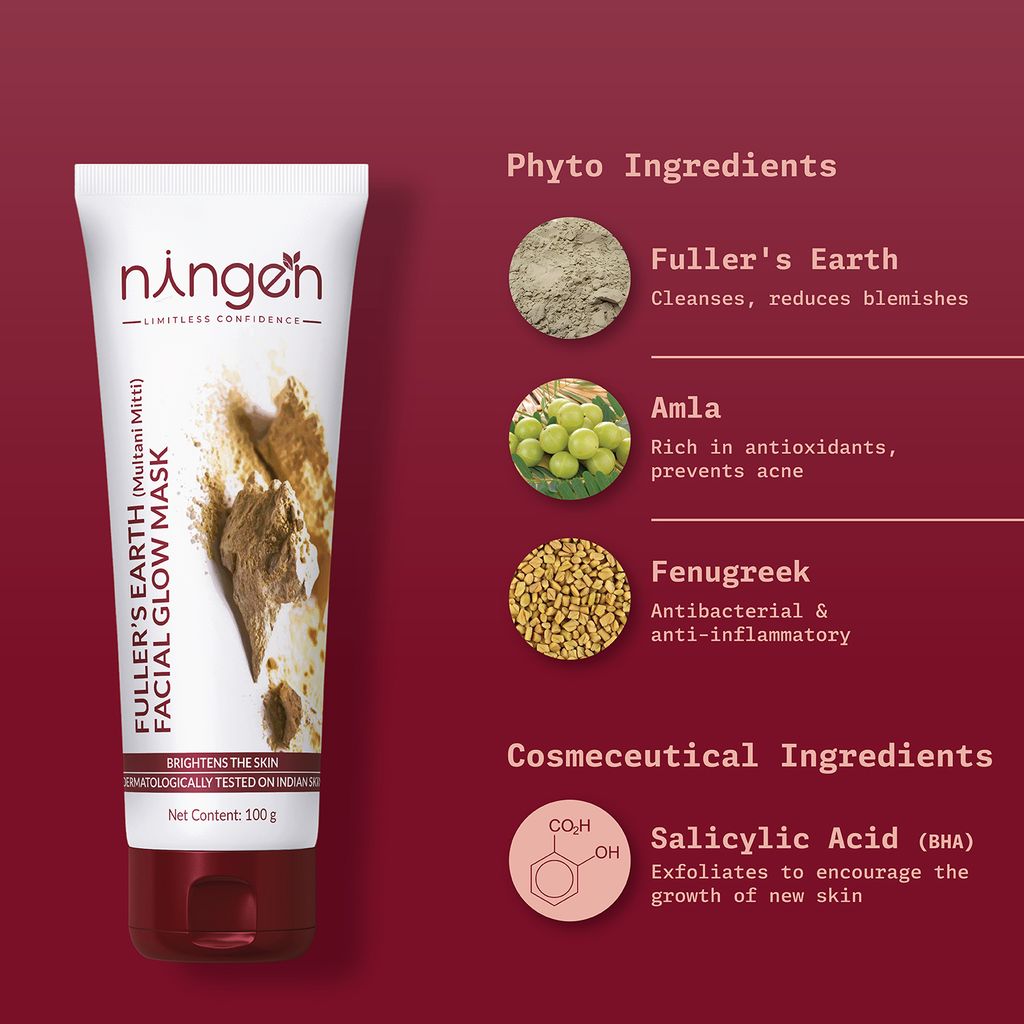 Ningen Fuller's Earth (Multani Mitti) Facial Glow Mask I Infused with Fenugreek and Indian Gooseberry Extracts I Dermatologically Tested, Paraben Free I For Softer and Fuller Skin I 100g view 2