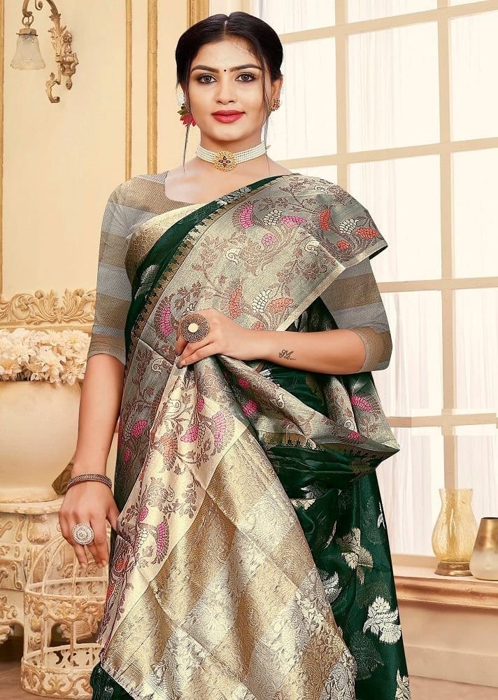 Woven Art Silk Saree in Dark Green view 2