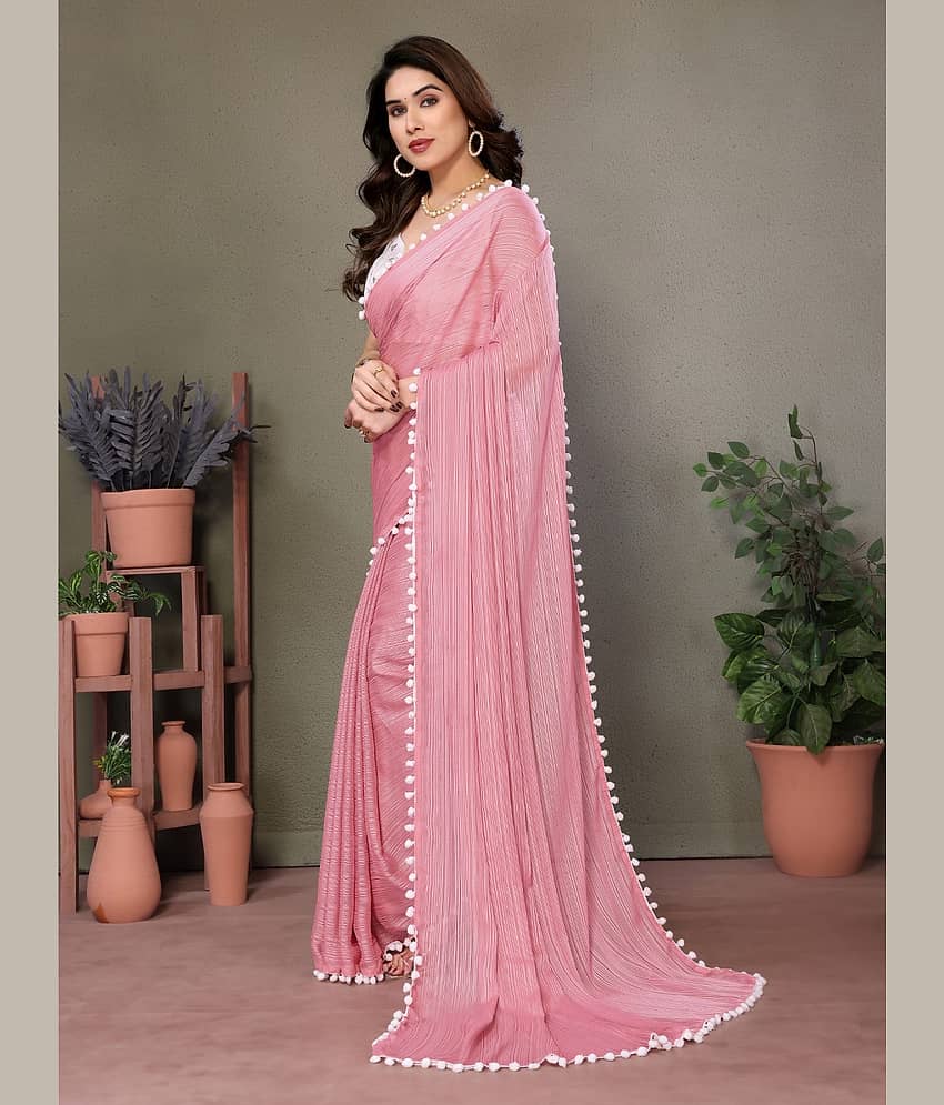 BLEESBURY Chiffon Striped Saree With Unstitched Blouse Piece ( Pink ) view 2