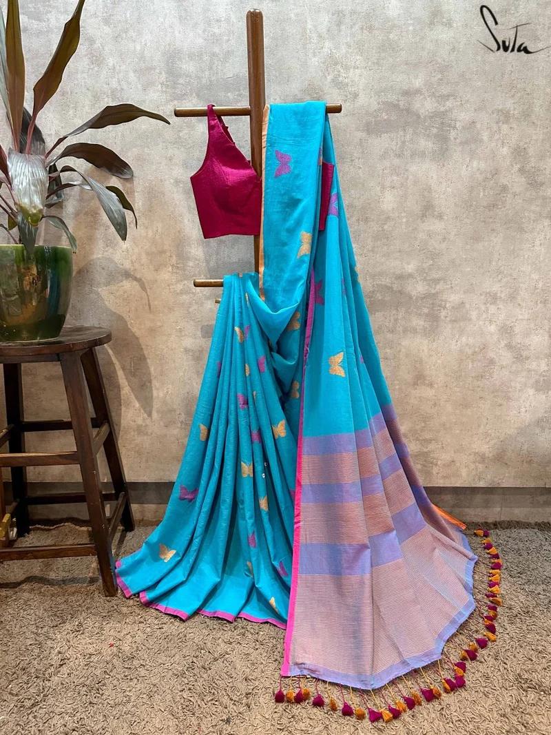 Blue Cotton Saree By Divine Girls