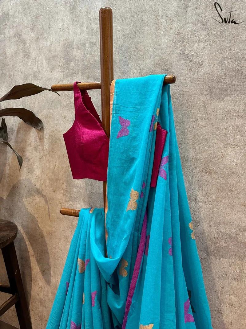 Blue Cotton Saree By Divine Girls view 2