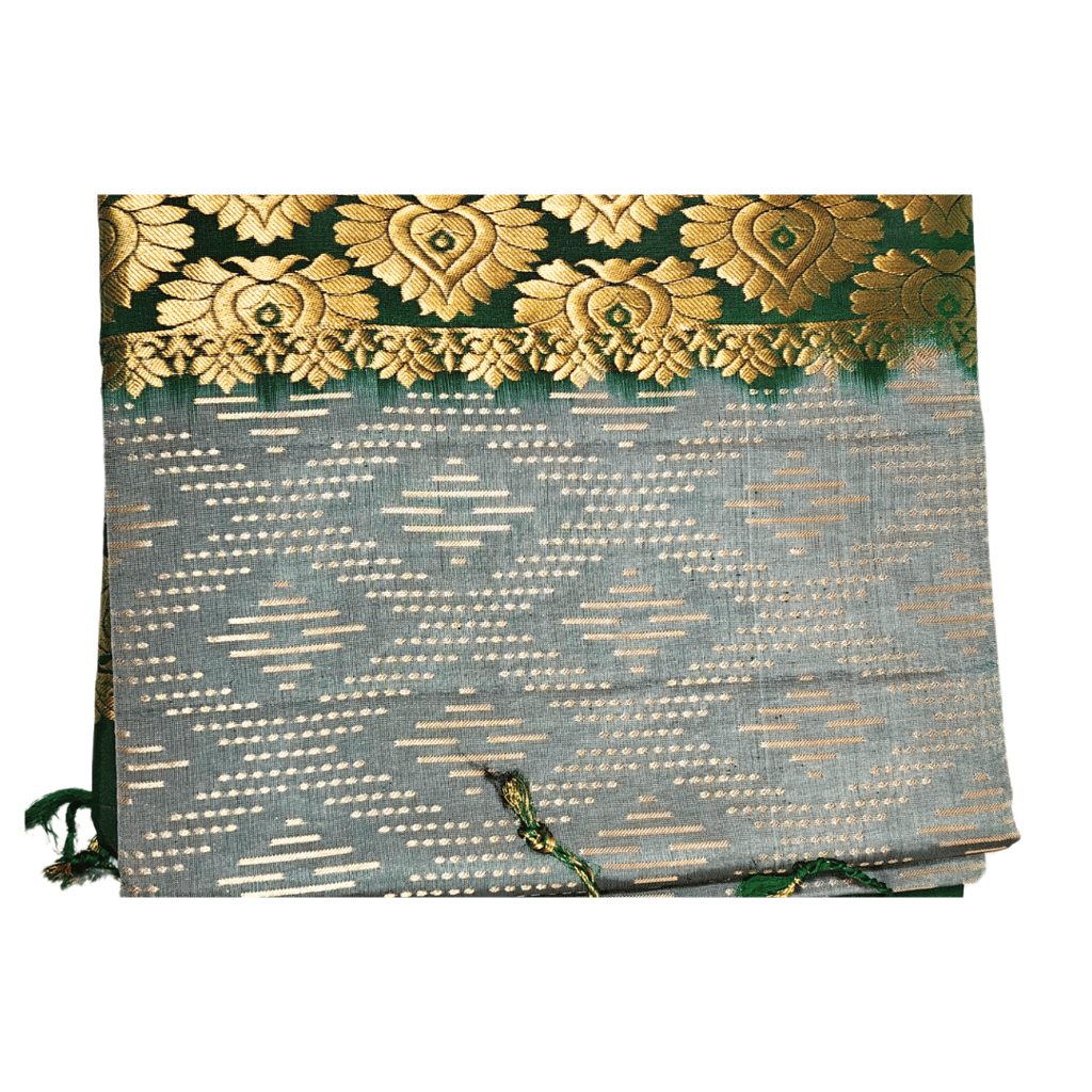 Pattu Saree – Traditional Green with Silver Gold Accents view 2