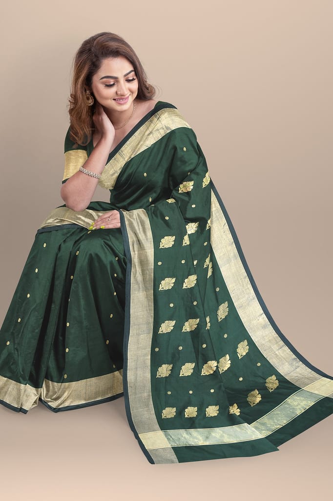 Pine Green Handwoven Traditional Floral Buta Chanderi With Golden Zari Border SKU - BS10155 view 2