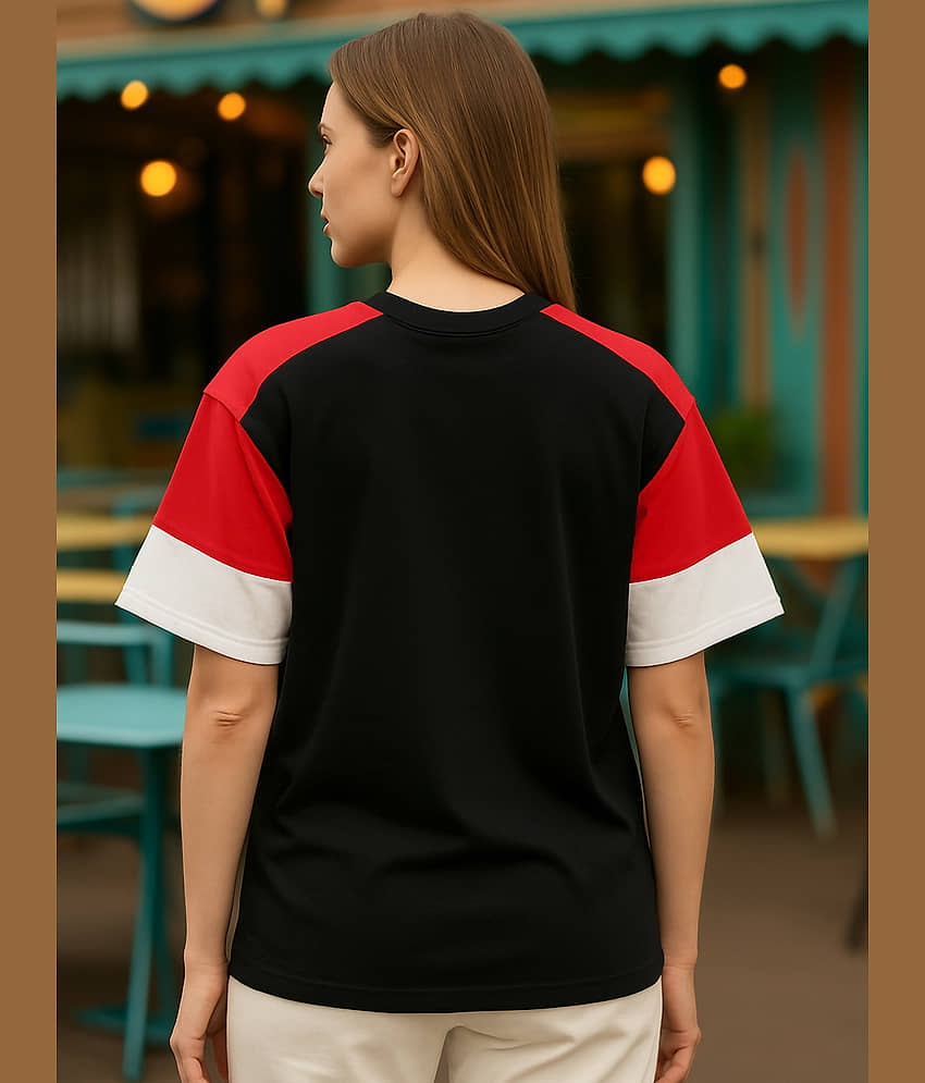 Leotude Women Cotton Blend Printed Oversized Fit Round Neck T-Shirt ( Black ) view 2