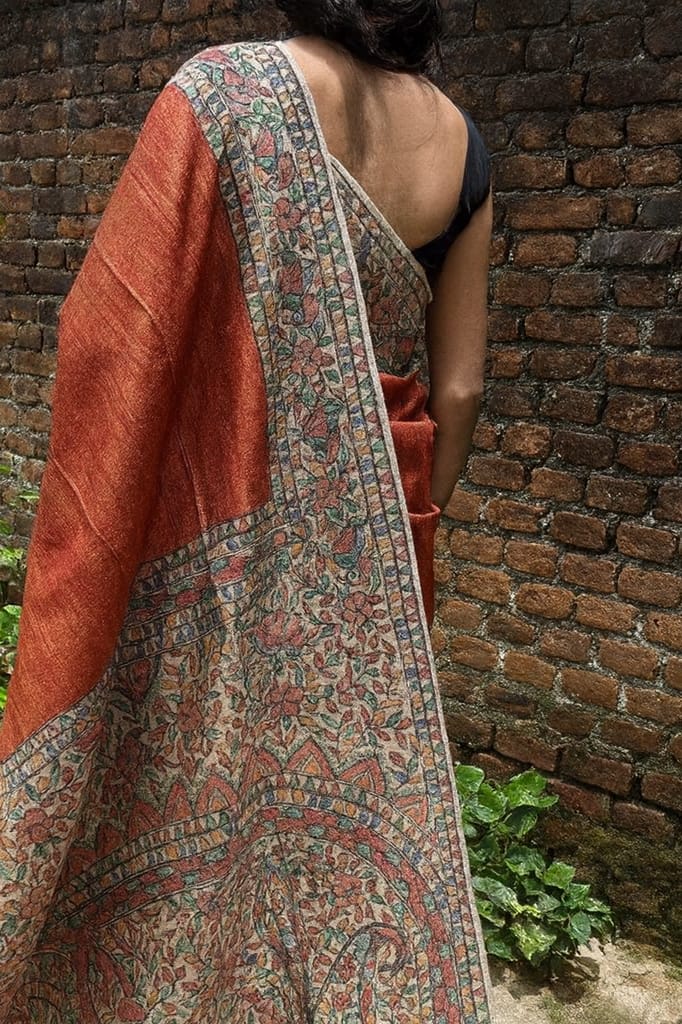 Dark Orange Tussar Silk Saree with Handpainted Madhubani Border view 2