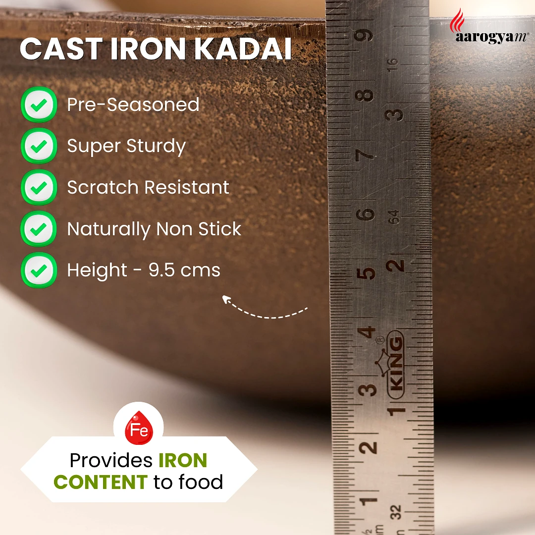 Aarogyam Cast Iron Double Handle Round Loha Kadai 11 inch Diameter (28 cm) Pre-Seasoned, Naturally Non-Stick, Toxin-Free, Compatible With Gas Stove and Oven, Weight -2.6 kg (Colour - Black) by Aarogyam - The Cast Iron Shop view 2