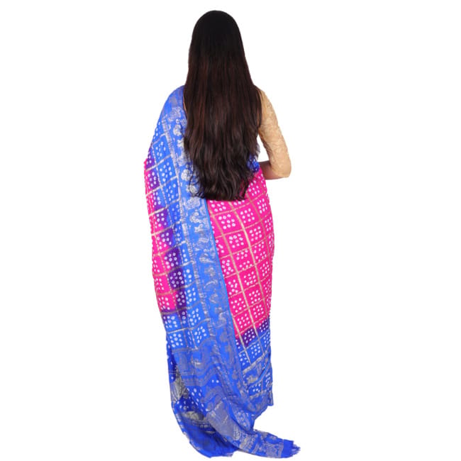 Tribes India Handwoven Pink and Blue Bandhej Saree view 2