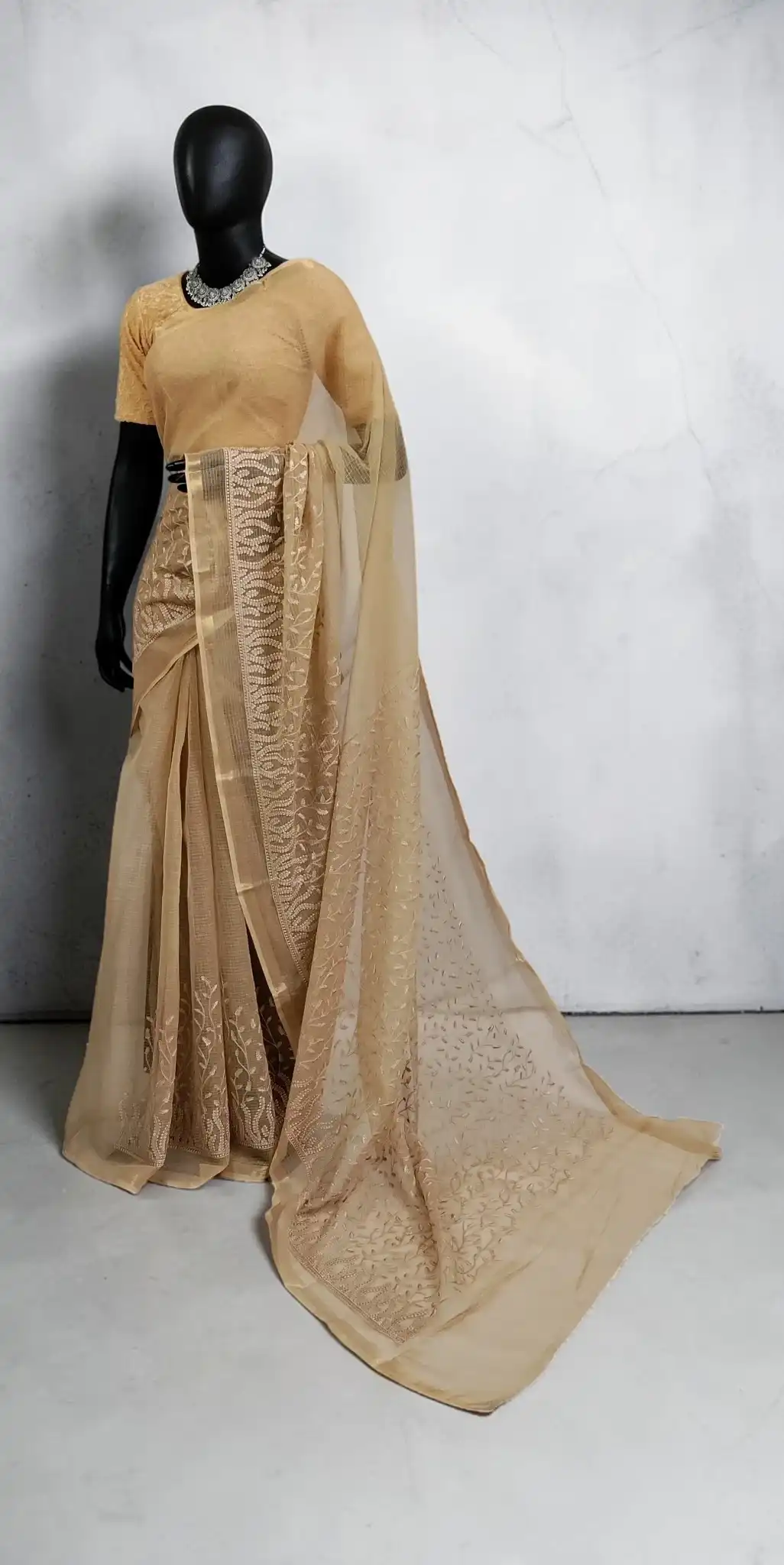 Beige Kota Doria Cotton-Silk Saree with Block Print and Zari Border view 2