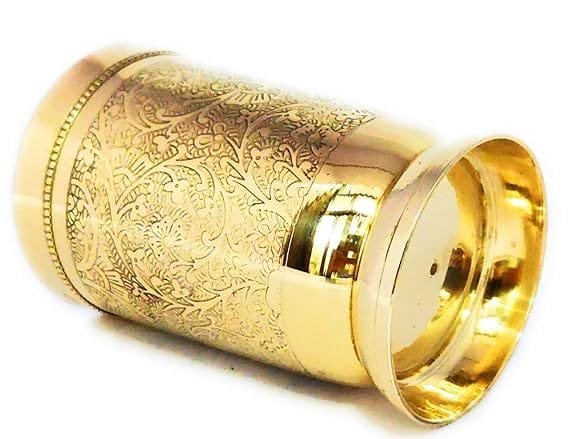 PURE Brass Luxury Glass, 300 ML Set of 2 with Solid Embossed Design. view 2