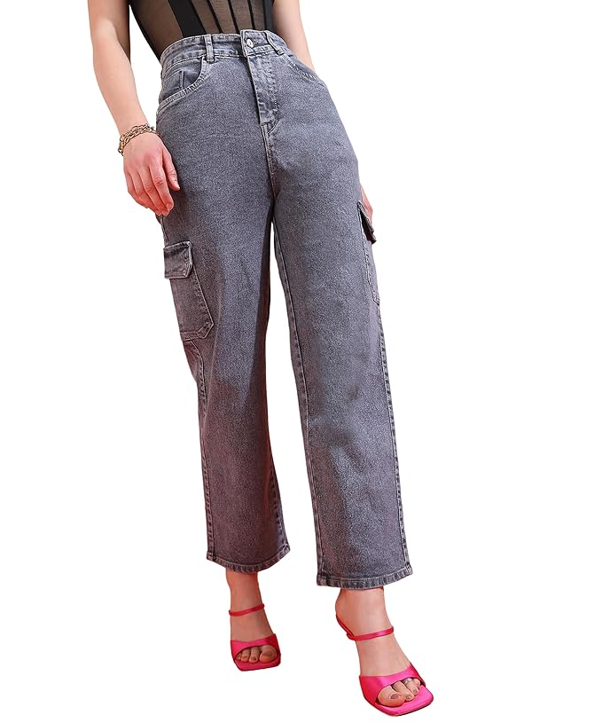 Glossia Fashion Grey Women Cargo Jeans | High Waist Stretchable Wide Leg Straight Fit Denim| Boyfriend Jeans for Women - 28