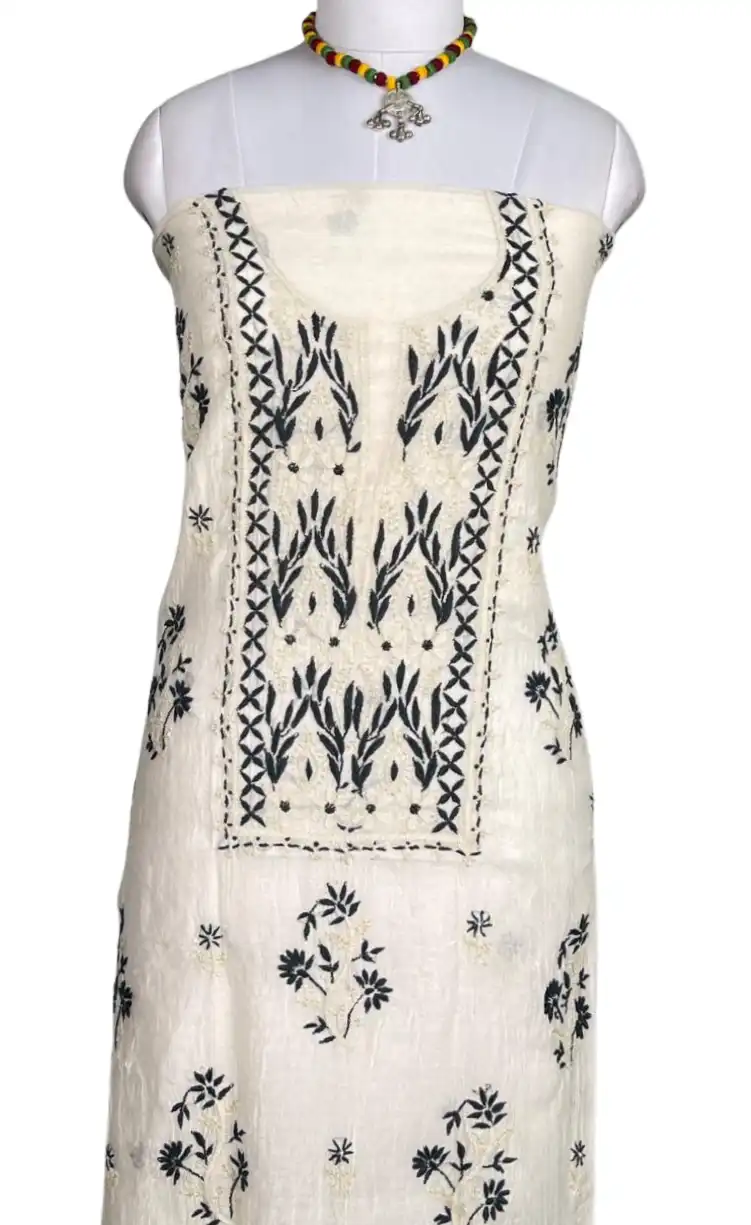 Chikankari Mul Chanderi Dress Material Ivory Navy Leaf Yoke view 2