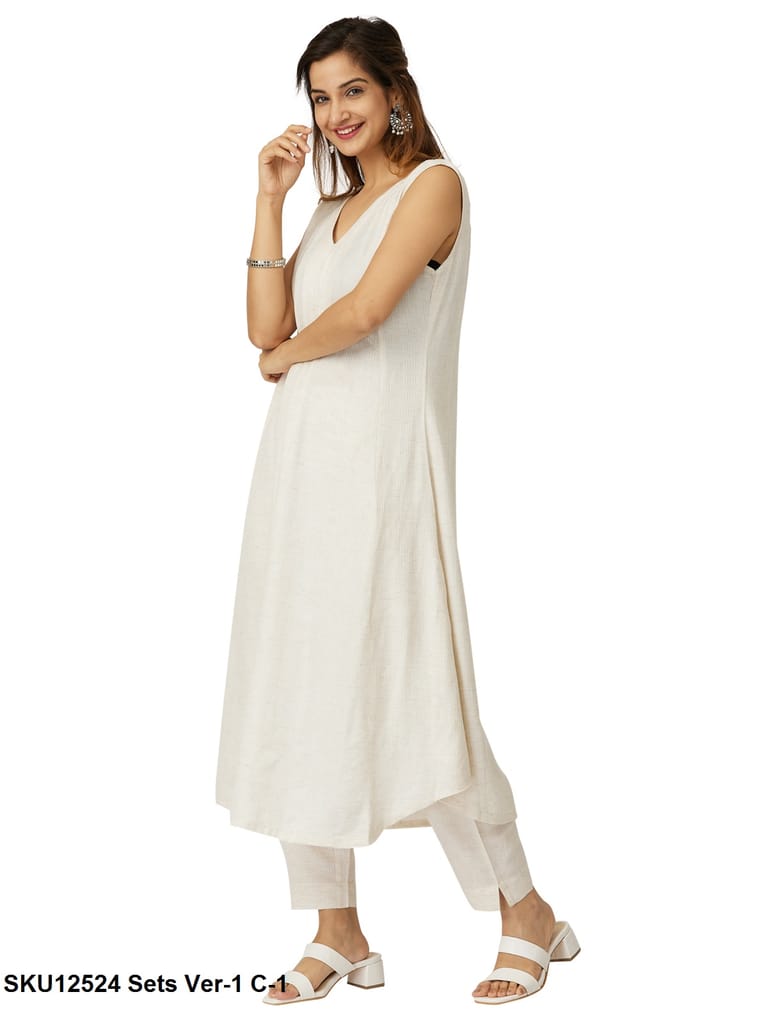 Elegant White V-Neck Sleeveless Cotton Kurta with Trousers Set view 2