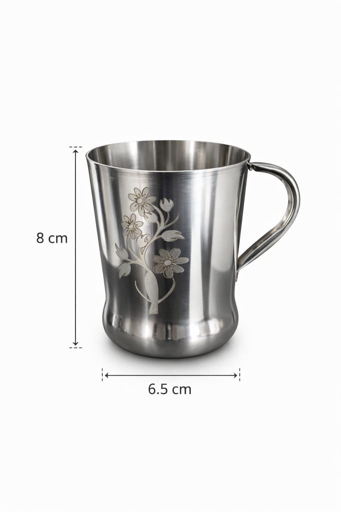 WEKTU Pack of 2 Engraved Stainless Steel Damri Glasses – High-Grade Mirror Finish Drinking Mugs with Sturdy Handle view 2