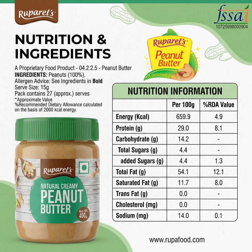 Ruparel’s Natural Creamy Peanut Butter 400g | 100% Roasted Peanuts | Source of Protein | Delicious & Wholesome | Smooth Nut Butter Spread for Bread, Sandwich & Smoothies view 2