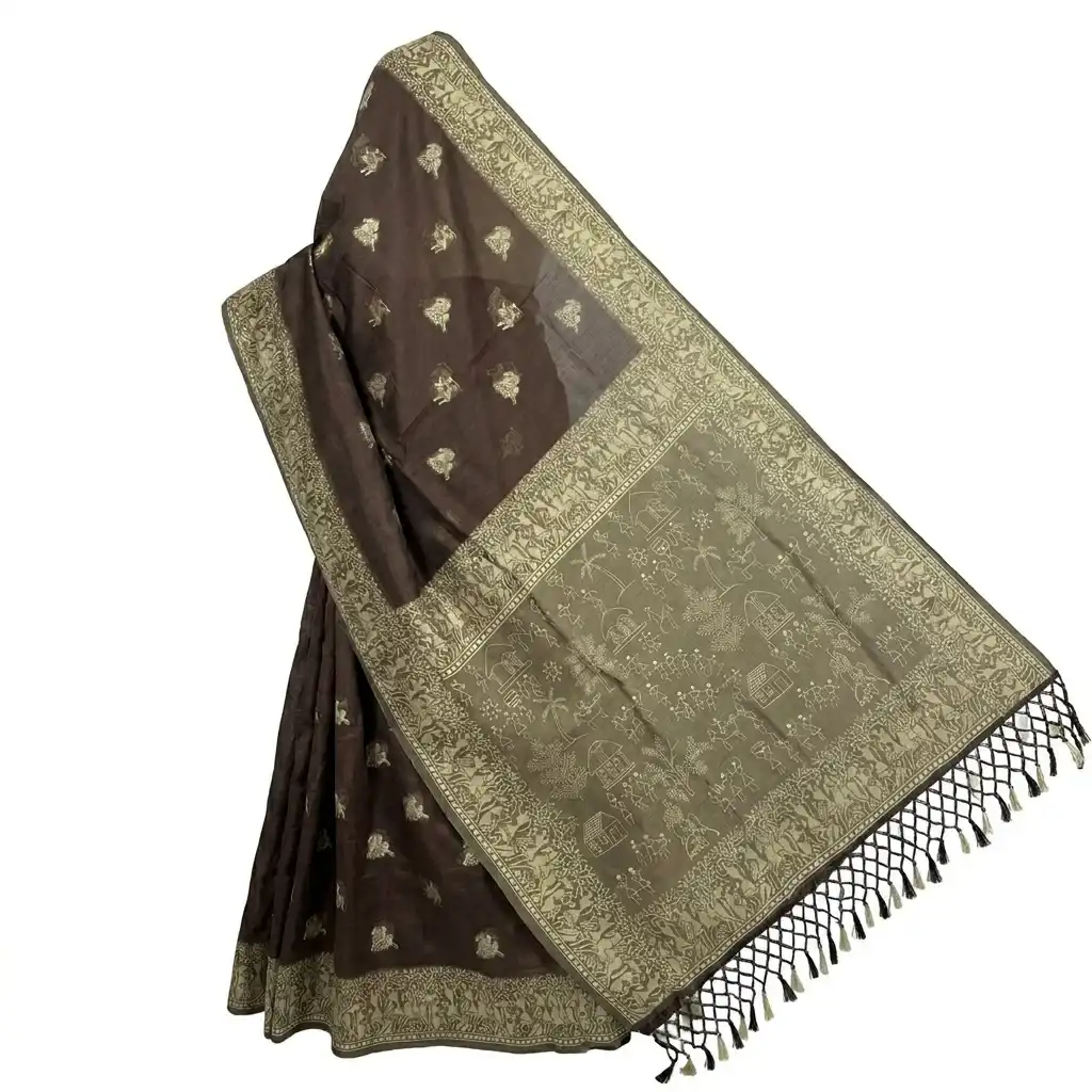 Brown Printed Odisha Handloom Saree | Ethnic Woven Cotton view 2