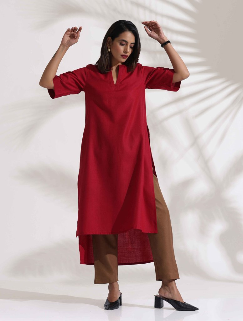 trueBrowns Maroon Slub Highslit Kurta Set - Maroon (XL) view 2