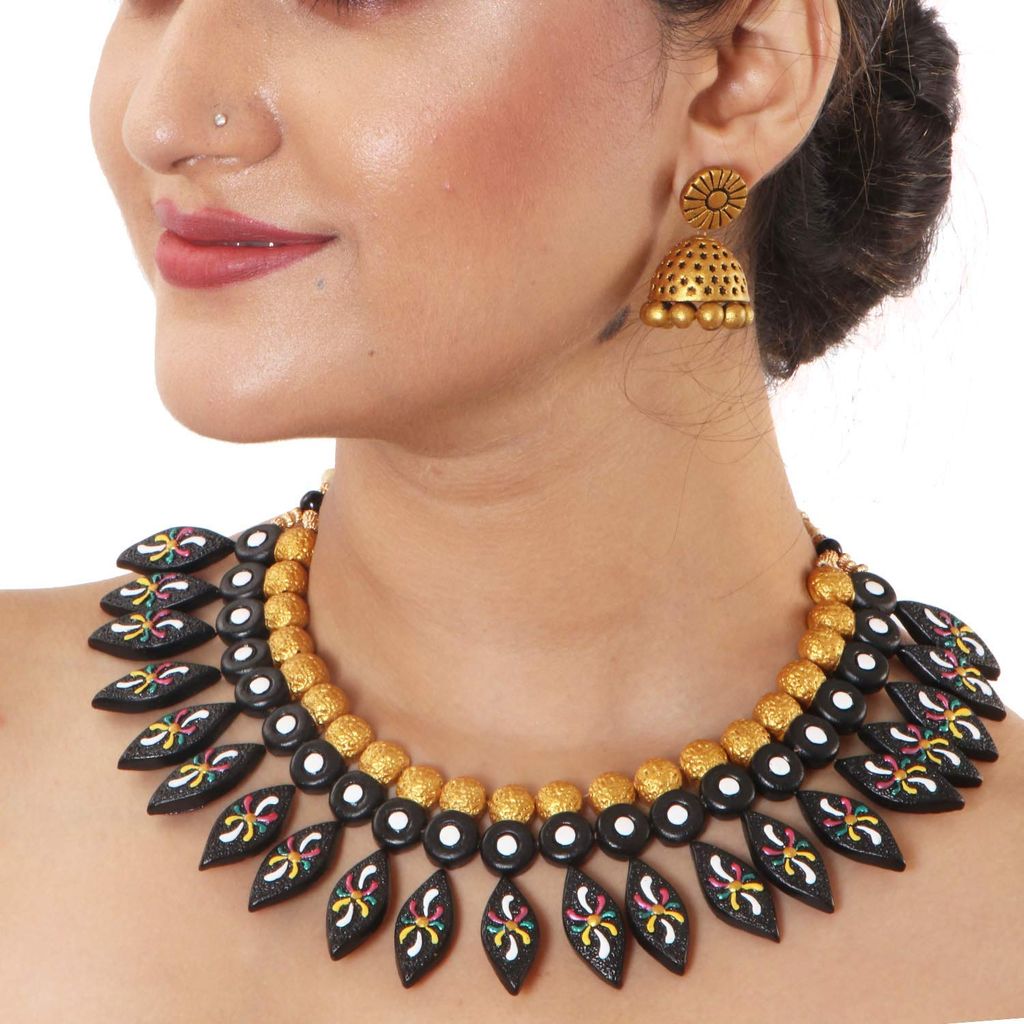 EKAM EK terracotta neckset with earrings for women and girls in BLACK AND GOLD for casual and formal wear for saree, suit and skirt for festivals view 2