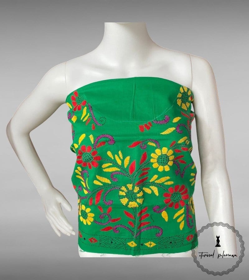 Green Bengal Kantha Hand Embroidered Blouse Piece for Sarees view 2