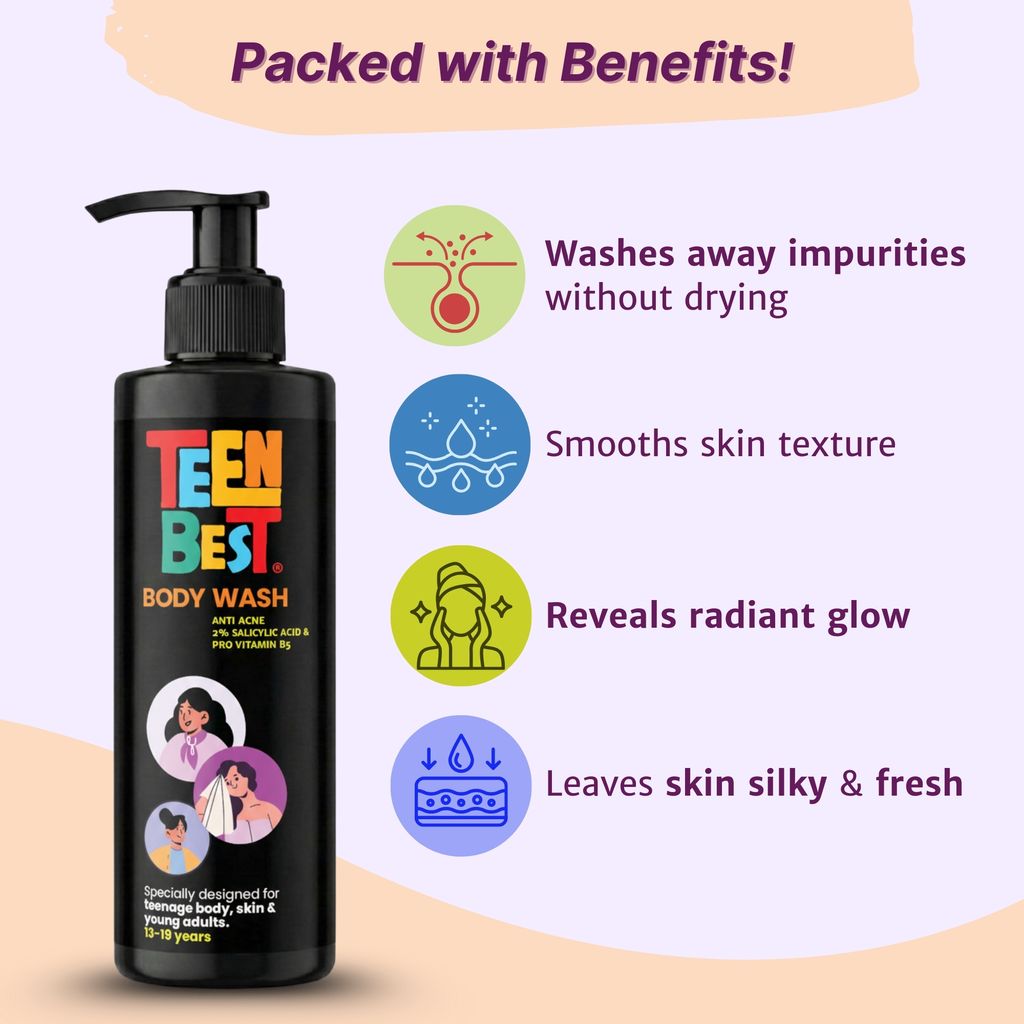 Healthbest Teens Anti Acne Body Wash for Back Acne & Body Pimples - 200ml Daily Shower Gel for Oily Skin & Odour Control for Boys & Girls (13 -19 Years) view 2
