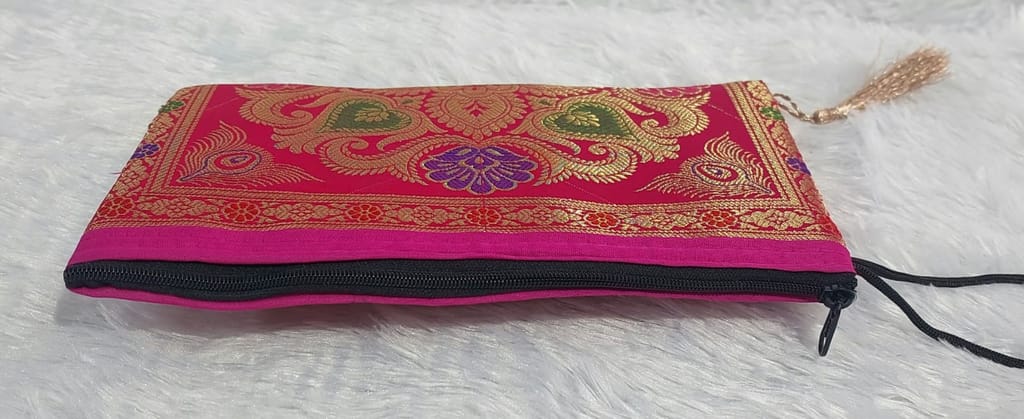 Brocade Silk Ethnic Pouch with Golden Zari Work and Tassels - Reddish Pink view 2