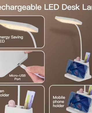 Rechargeable LED Table Lamp with Phone Stand & Pen Holder | USB Charging | Flexible Neck | Eye Protection Light for Study, Office & Home view 2