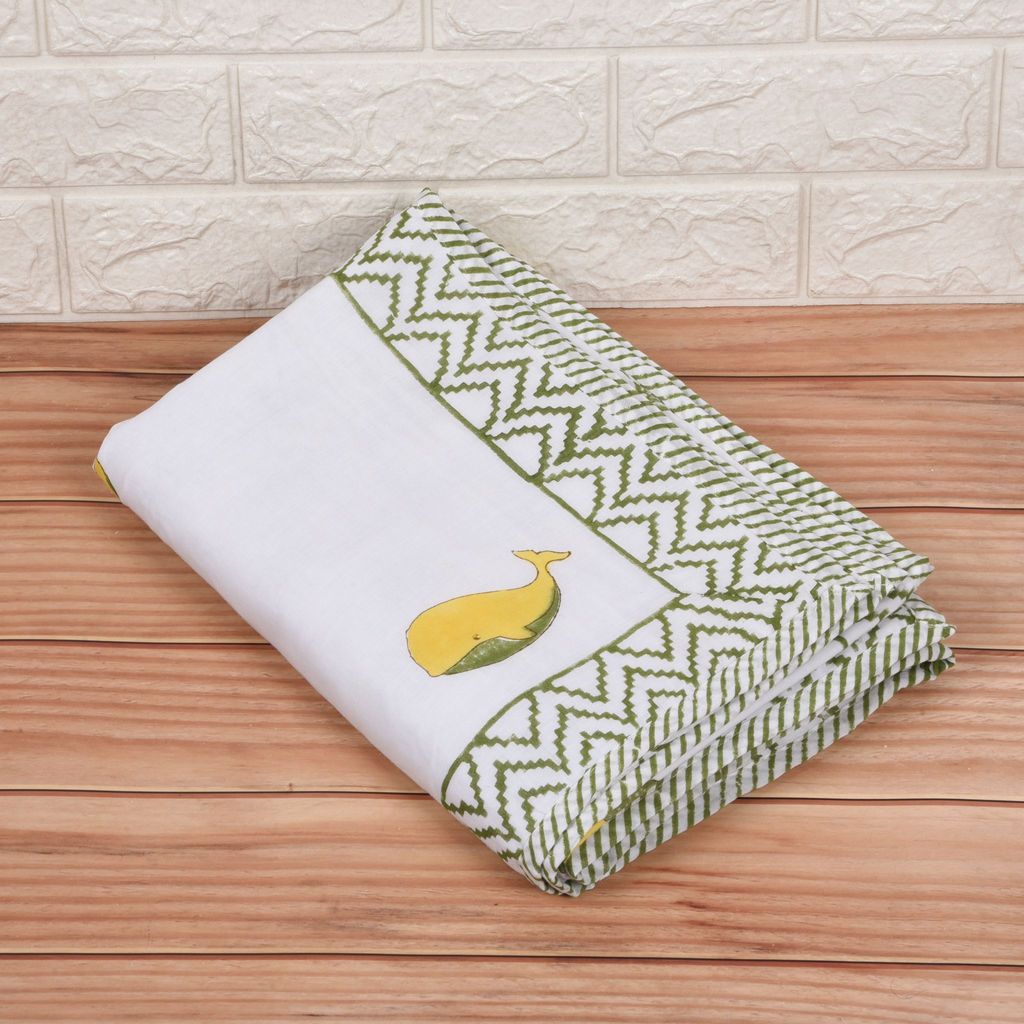 Hand Block Printed Cotton Baby dohar blanket, 60x40 inches (100x150 cm) Green Yellow Dolphin view 2