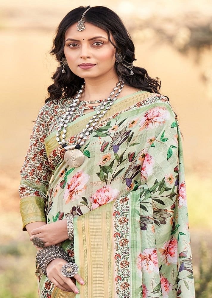 Digital Printed Cotton Saree in Light Green view 2