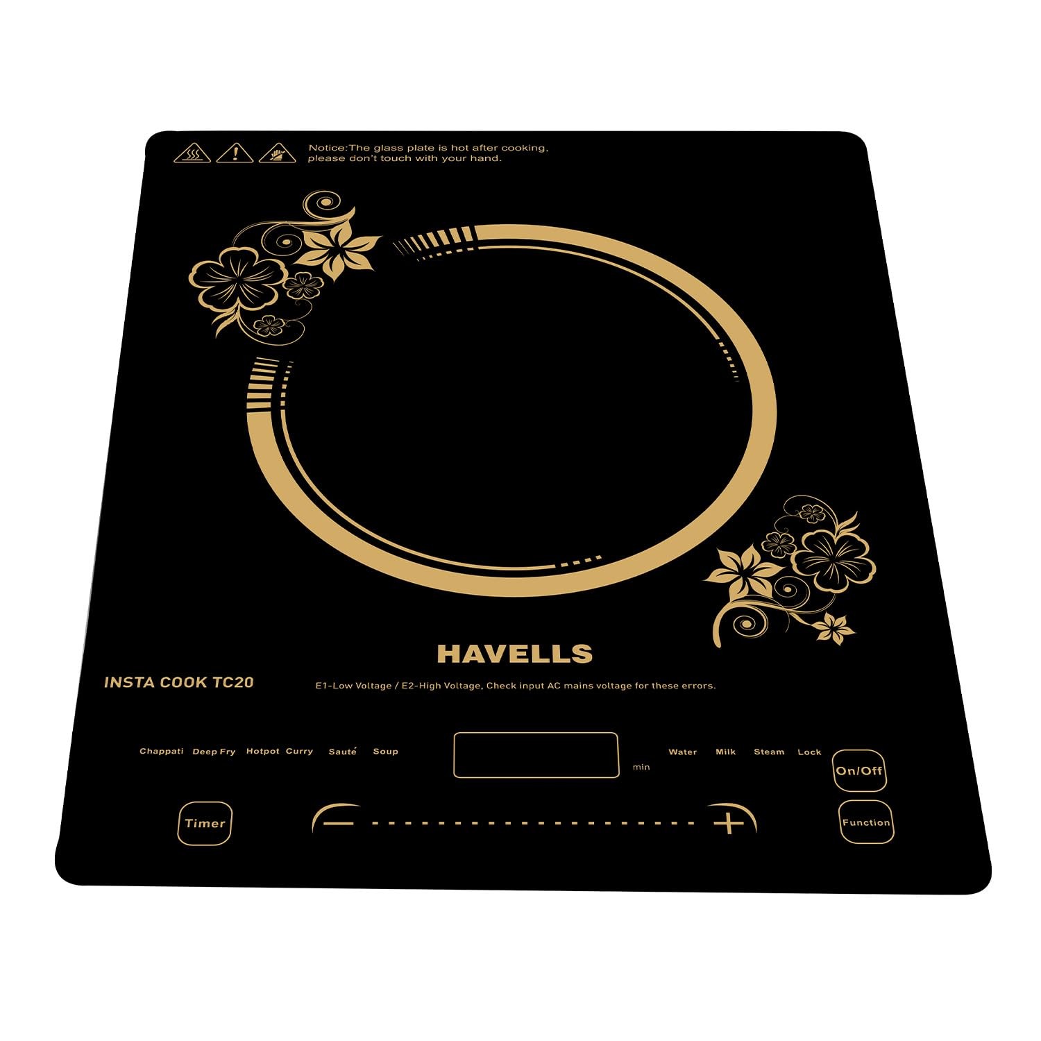 Havells TC 20 Glass Ceramic Cooktop Induction (Electric Stove) 2000 W, With 9 Cooking Options, Copper Coil with 3 Year Warranty, Auto Pan Detection Sensor, Designer Touch Panel (Black)