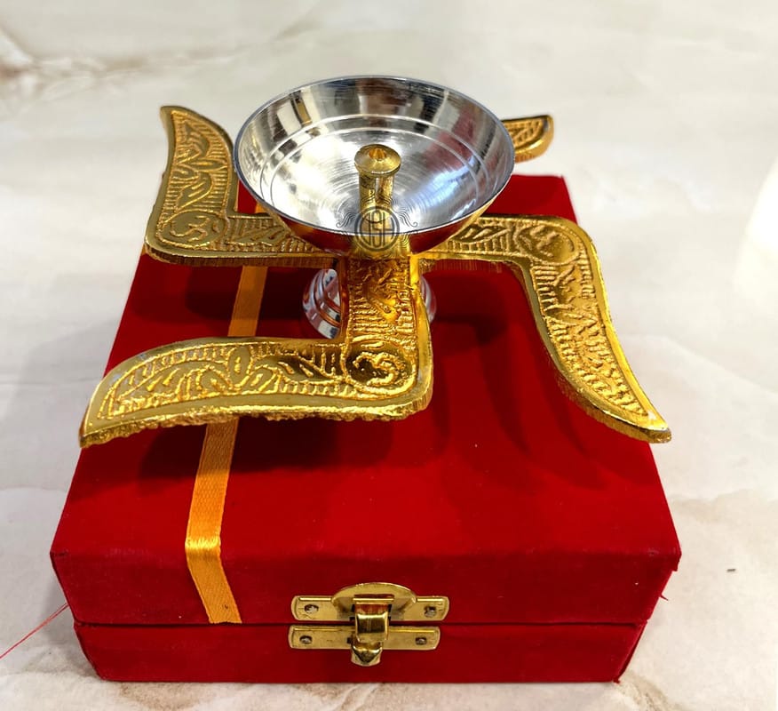 Brass Diya Brass Swastik Diya Oil Diya with Velvet Box for Diwali,Temple,Office Puja and Return Gift.(DYA-SWASTIK) view 2
