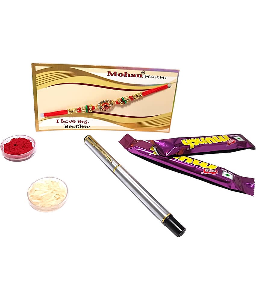 auteur 801 Stylish Black Roller Ball Pen and Designer Rakhi Gift Set for Brother With Chocolates, Roli, Mishri and Rice. view 2