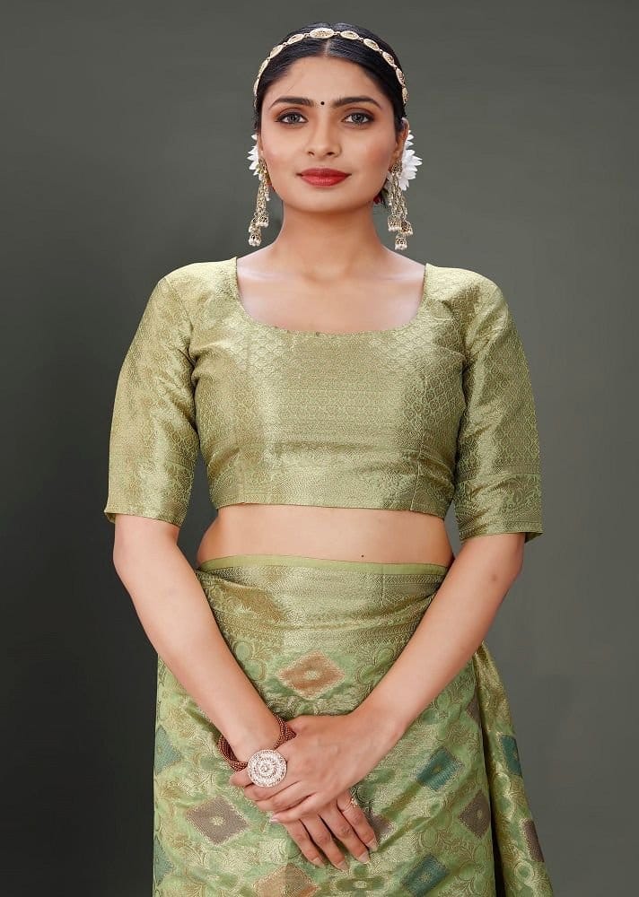 Woven Organza Saree in Light Green view 2