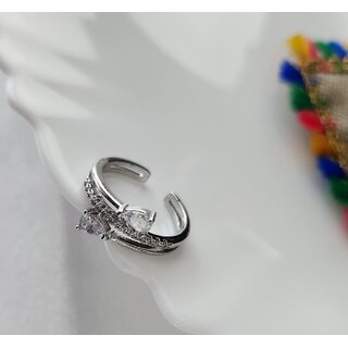 Rhodium-Plated White Stone-Studded Adjustable Finger Ring view 2